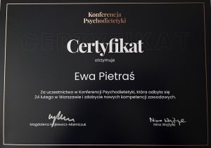 certyfikat konferencja psychodietetyk Ewa Pietraś