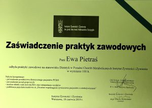 zaświadczenie praktyk zawodowych dietetyk kliniczny Ewa Pietraś